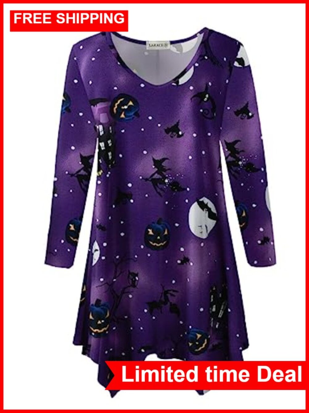 Plus Size 3/4 Sleeve V-Neck Asymmetrical Tunic Top, Stretchy Polyester Blend